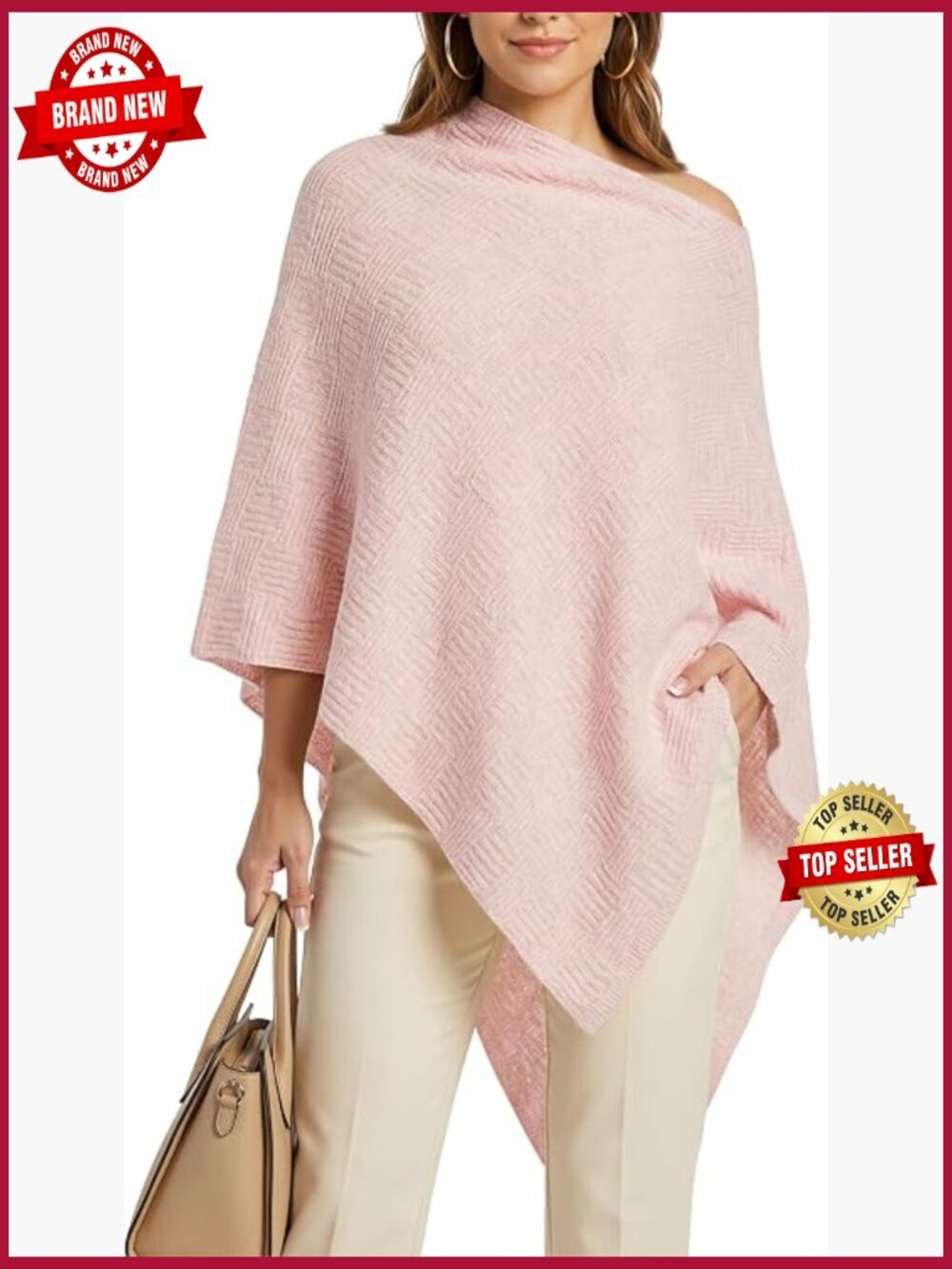Wool Blend Poncho Sweater - Soft Textured Knit Asymmetrical Shawl Cape Pullover